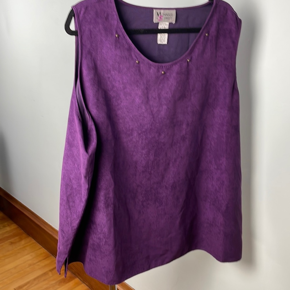 Purple faux suede sleeveless blouse with brass studs, 4x
